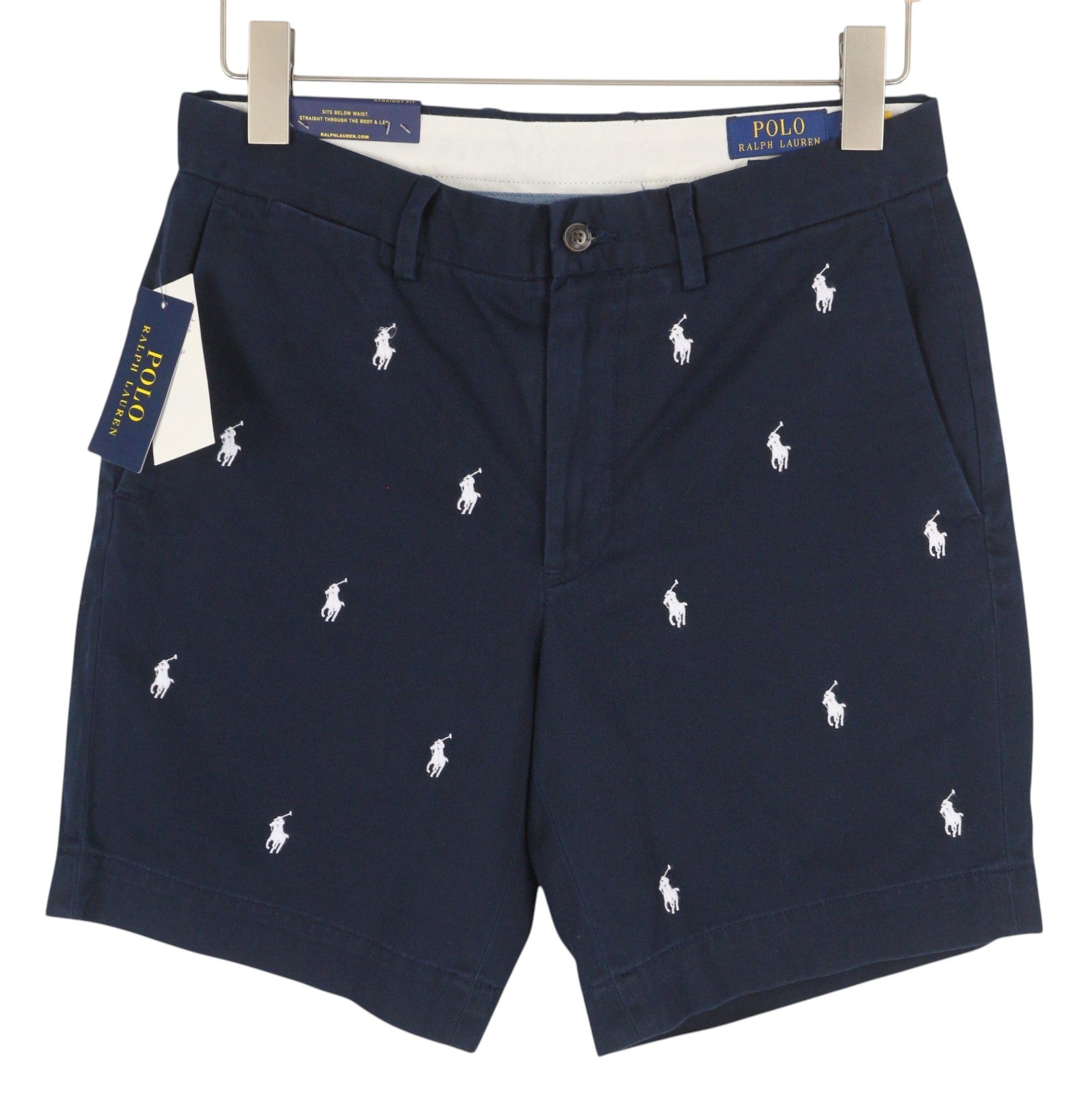 RALPH LAUREN vyriški tiesaus kirpimo šortai, 30 dydžio, tamsiai mėlyni, su siuvinėtu logotipu. 