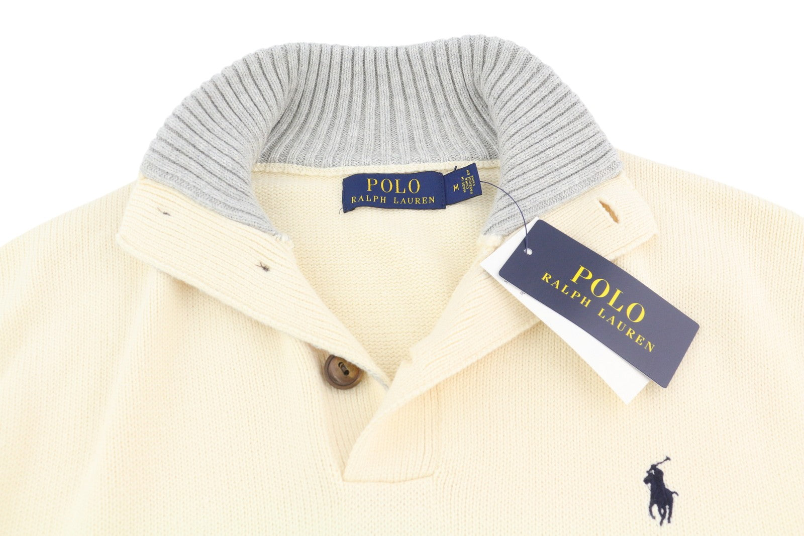 RALPH LAUREN vyriškas megztinis M, dramblio kaulo spalvos, megztas su sagų formos iškirpte ir siuvinėtu logotipu 