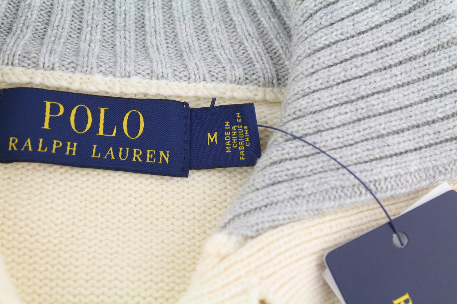 RALPH LAUREN vyriškas megztinis M, dramblio kaulo spalvos, megztas su sagų formos iškirpte ir siuvinėtu logotipu 