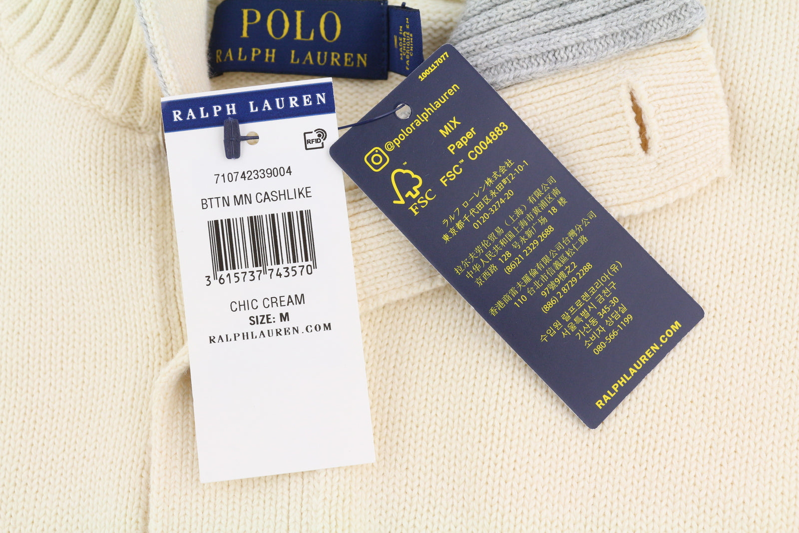 RALPH LAUREN vyriškas megztinis M, dramblio kaulo spalvos, megztas su sagų formos iškirpte ir siuvinėtu logotipu 