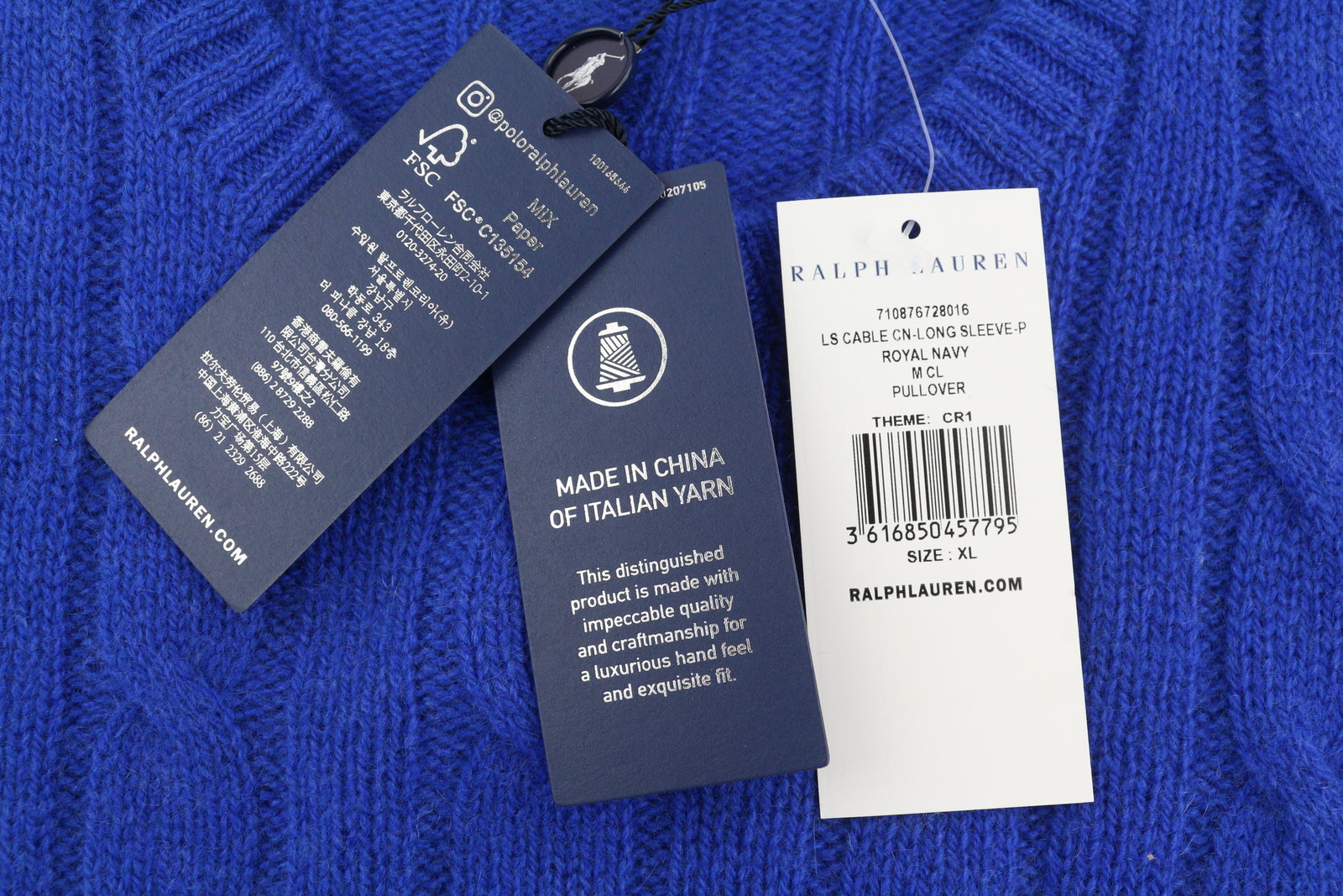 RALPH LAUREN kašmyro vyriškas megztinis XL dydžio mėlynas megztinis su kabelio formos mezginiu, rekomenduojama kaina – 549 € 