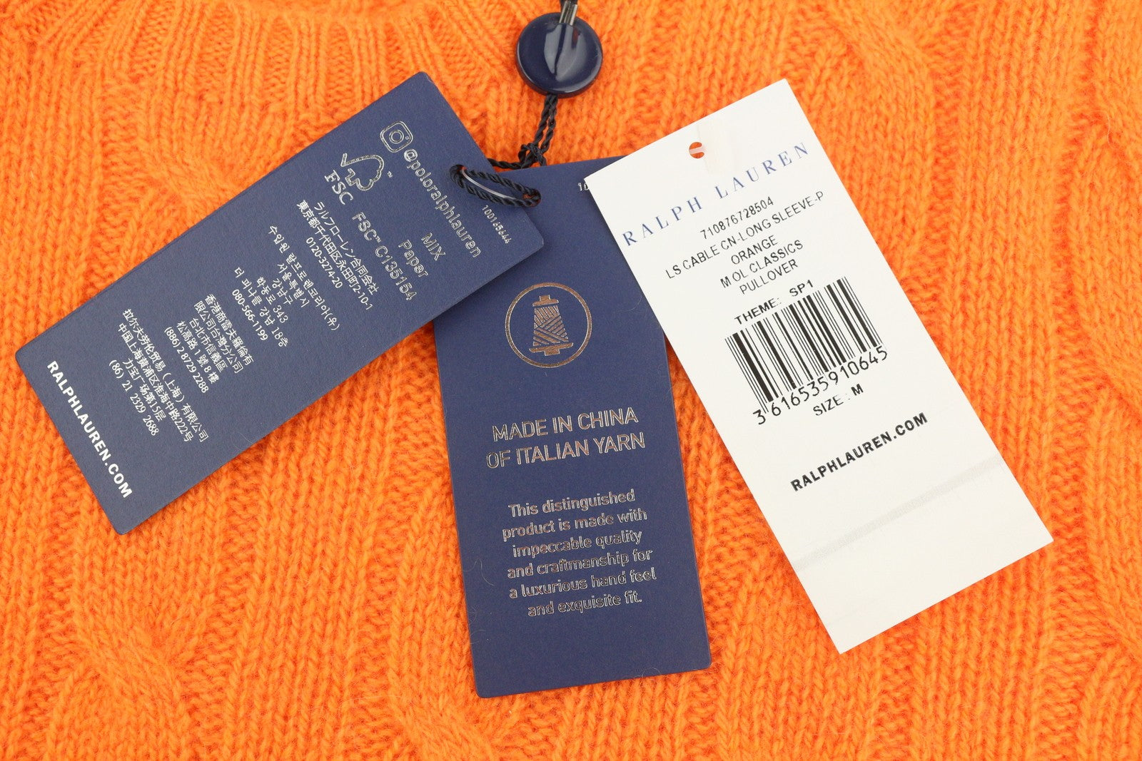 RALPH LAUREN kašmyro vyriškas megztinis M oranžinis megztinis su kabelio formos mezginiu logotipu RMK 549 € 