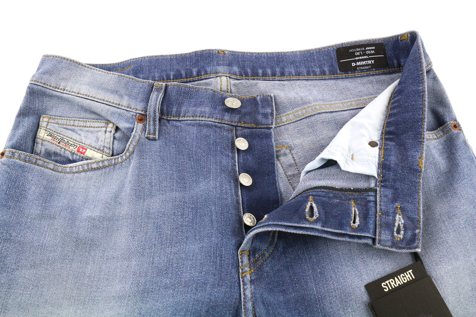 DIESEL D-Mihtry 009NF Mens Jeans W32/L30 Blue Washed Straight Stretch Buttoned
