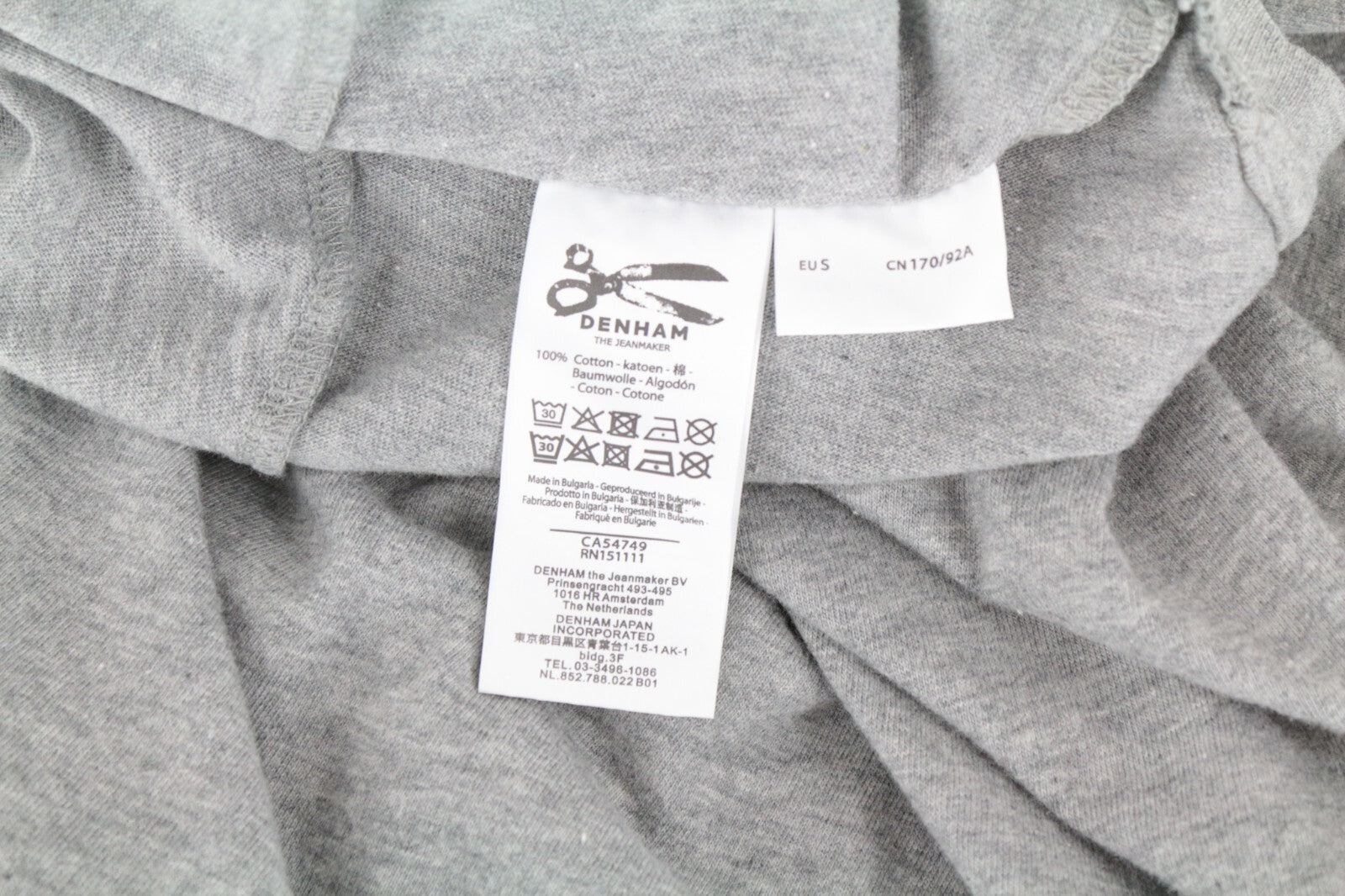 DENHAM Tubular S vyriški marškinėliai pilki, melanžo spalvos, megzti apvalia apykakle, medvilniniai, klasikiniai 