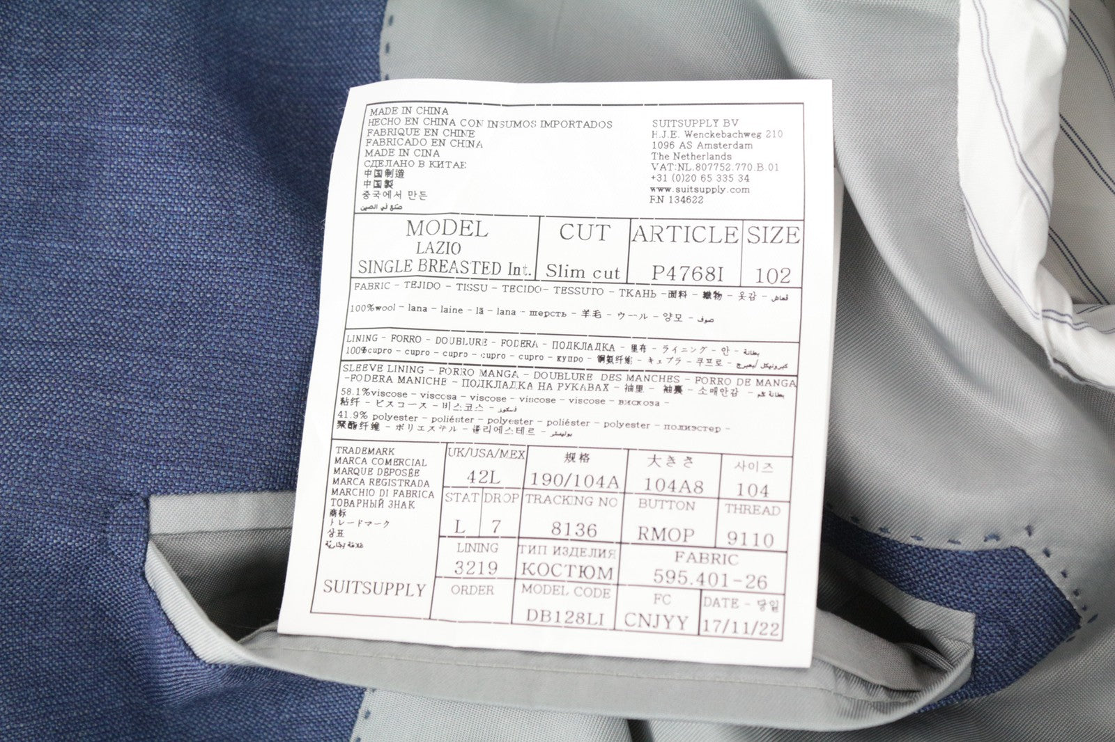 SUITSUPPLY Lazio UK42L vyriškas švarkas, mėlynas melanžas, grynos vilnos, S110s, plonas, klasikinis 