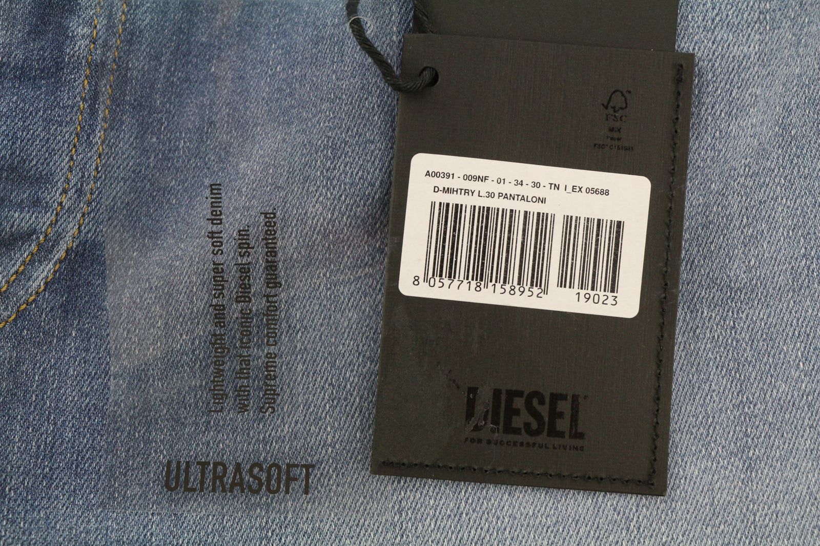 DIESEL D-Mihtry 009NF vyriški džinsai W34/L30 mėlyni, skalbti, tiesūs, tamprūs su sagomis 