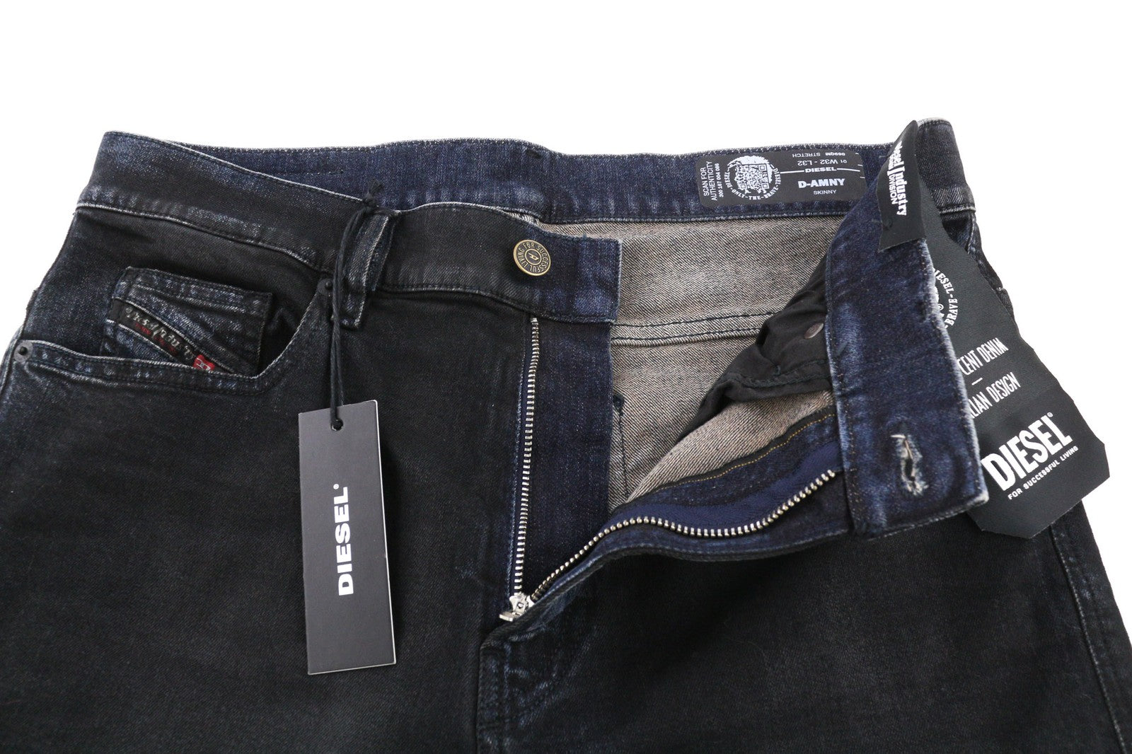 DIESEL D-Amny 069QM vyriški džinsai W32/L32 tamsiai skalbti aptempti tamprūs užtrauktukai 