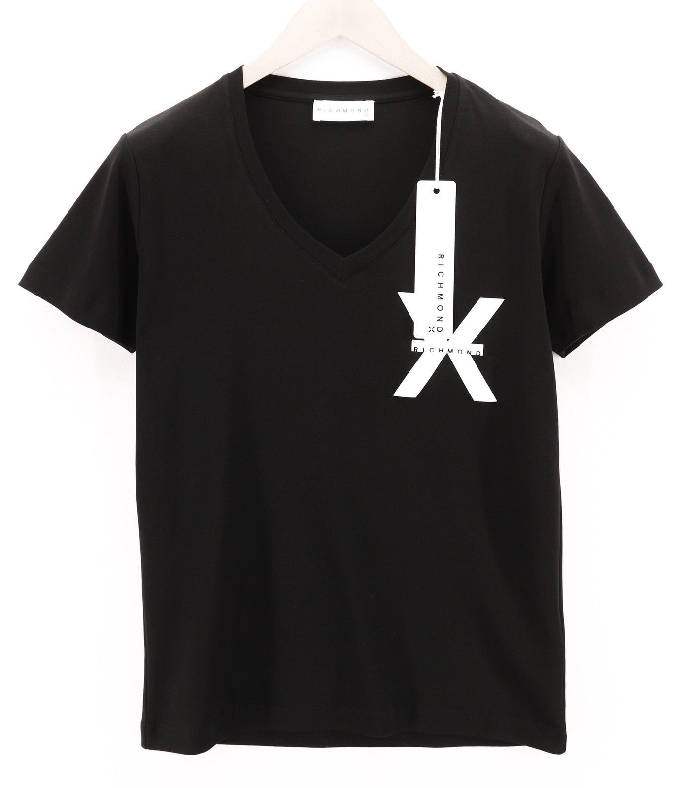 RICHMOND moteriški marškinėliai S, juodi, trumpomis rankovėmis, V formos iškirpte, su raštu, visiems metų laikams 