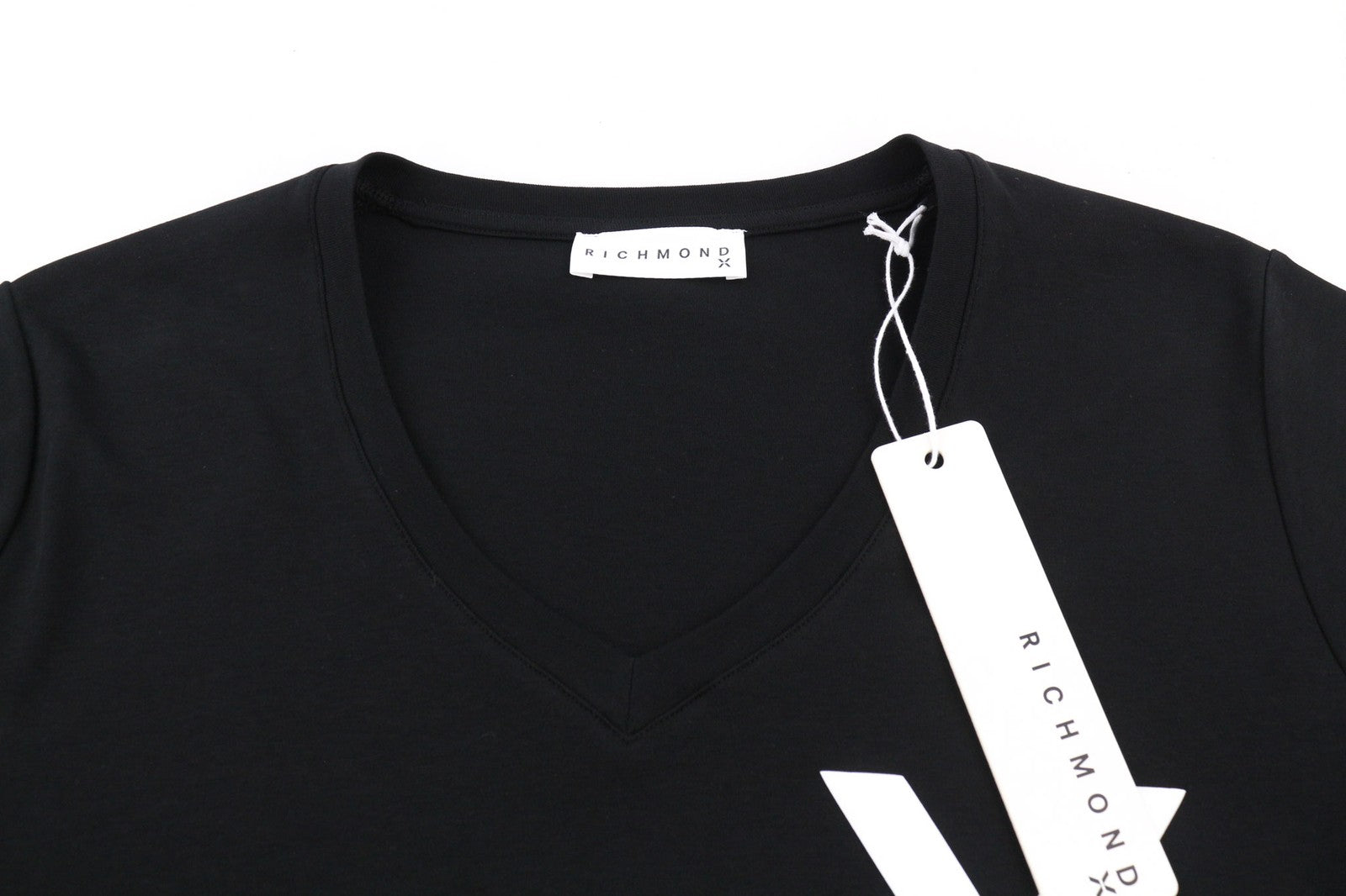 RICHMOND moteriški marškinėliai S, juodi, trumpomis rankovėmis, V formos iškirpte, su raštu, visiems metų laikams 