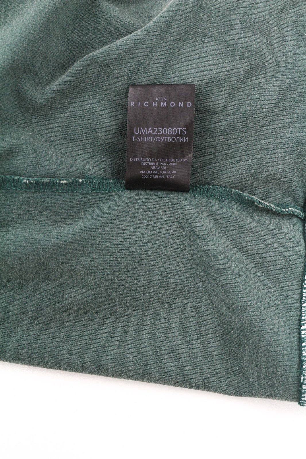 JOHN RICHMOND vyriški marškinėliai L dydžio žali apvalios iškirptės trumpomis rankovėmis su dideliais lopais 