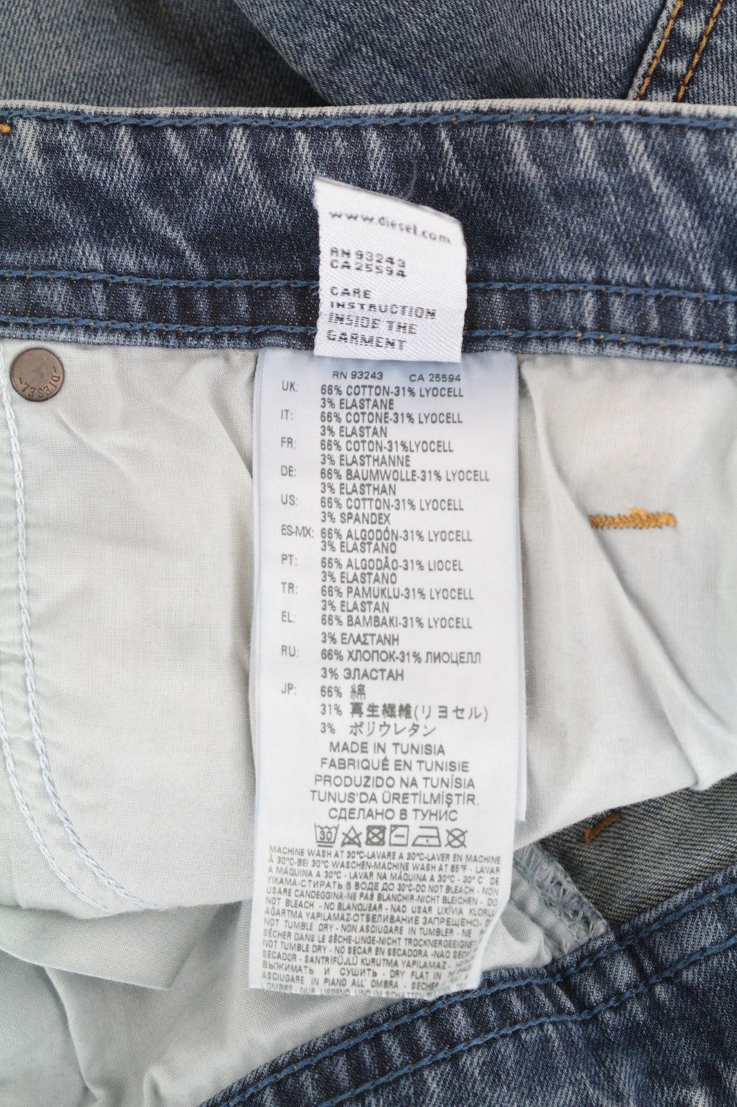 DIESEL Thommer 084UX W29/L30 vyriški džinsai su akmens spalvos raštu, ploni-aptempti, dėmėti, su užtrauktuku 