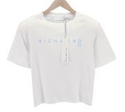 JOHN RICHMOND moteriški marškinėliai S dydžio, balti, su petukais, apvalūs, trumpomis rankovėmis priekyje 