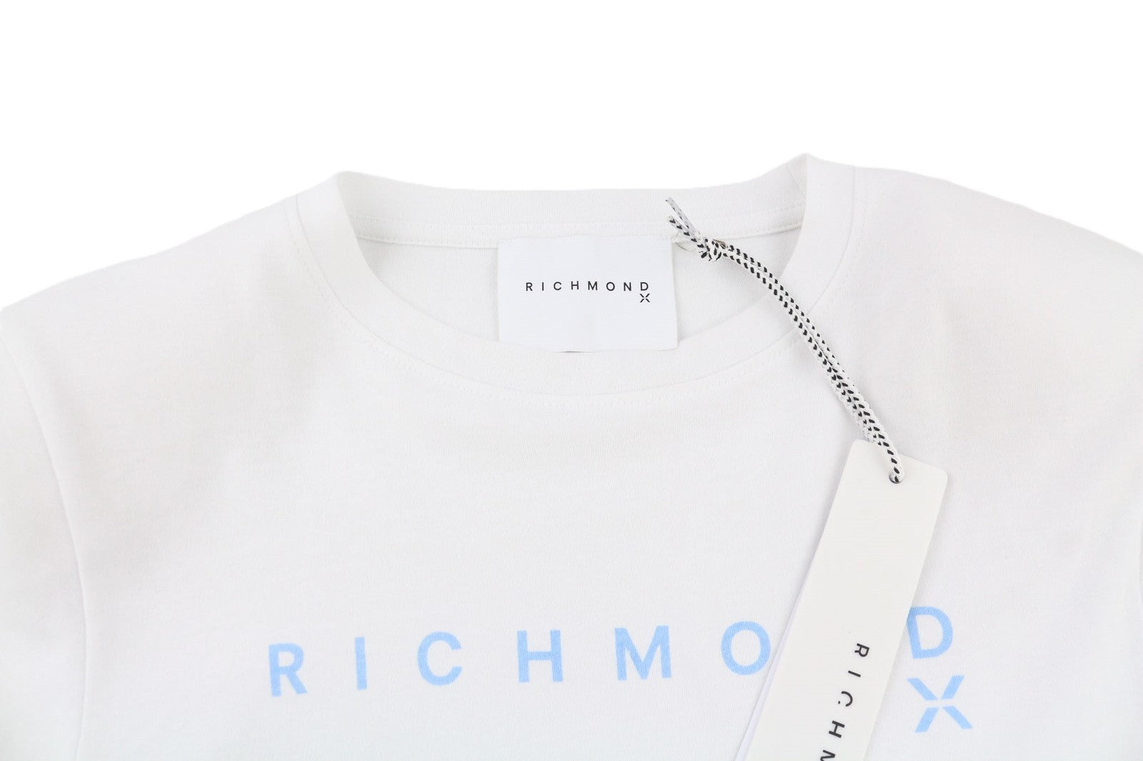 JOHN RICHMOND moteriški marškinėliai S dydžio, balti, su petukais, apvalūs, trumpomis rankovėmis priekyje 