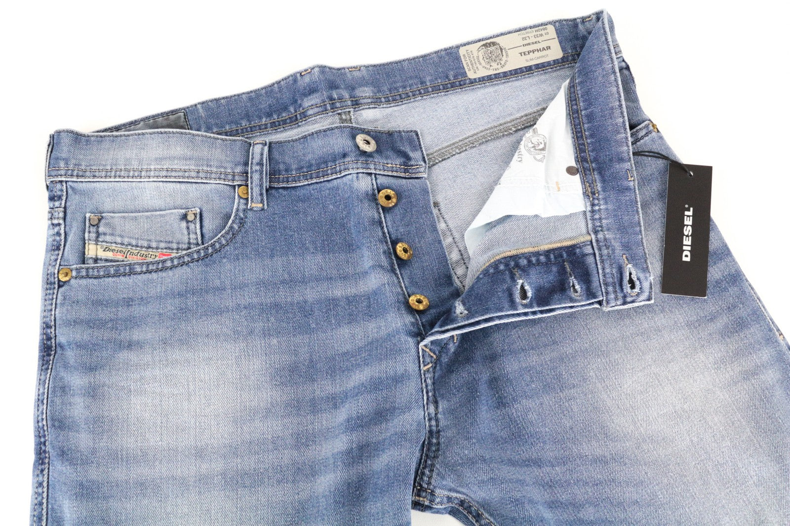 DIESEL Tepphar 0842H W33/L32 vyriški džinsai Slim Carrot Whiskered Washed Out Blue 