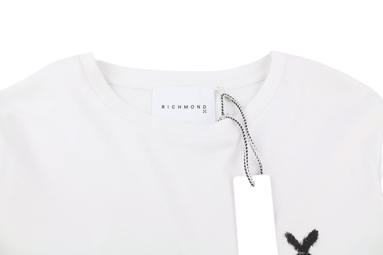 JOHN RICHMOND moteriški marškinėliai S, balti, dideli, apvalūs, trumpomis rankovėmis 