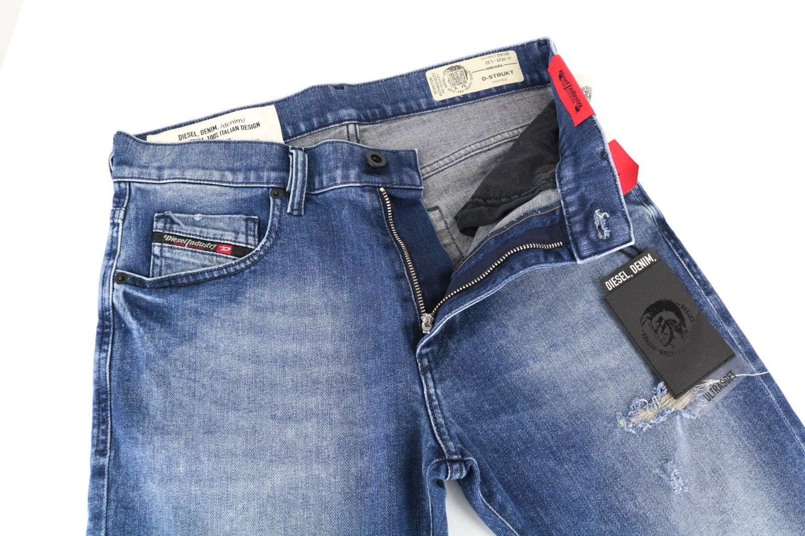 DIESEL D-Strukt 081AQ W29/L32 vyriški džinsai su siaurėjančia tekstūra, plėšytais užtrauktuku 