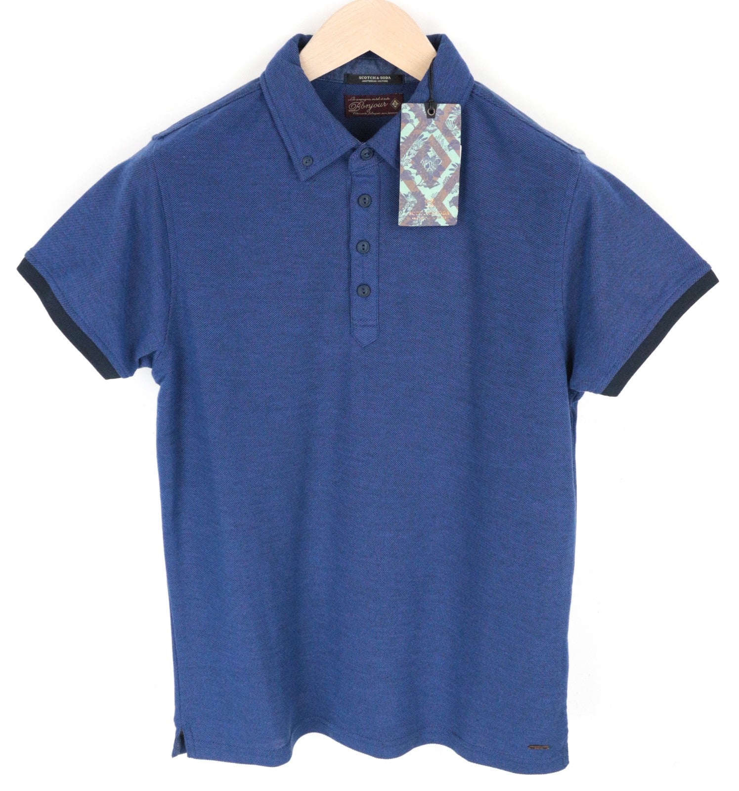 SCOTCH & SODA S Men T-Shirt Melange Blue Polo Neckline Cotton Blend Classic