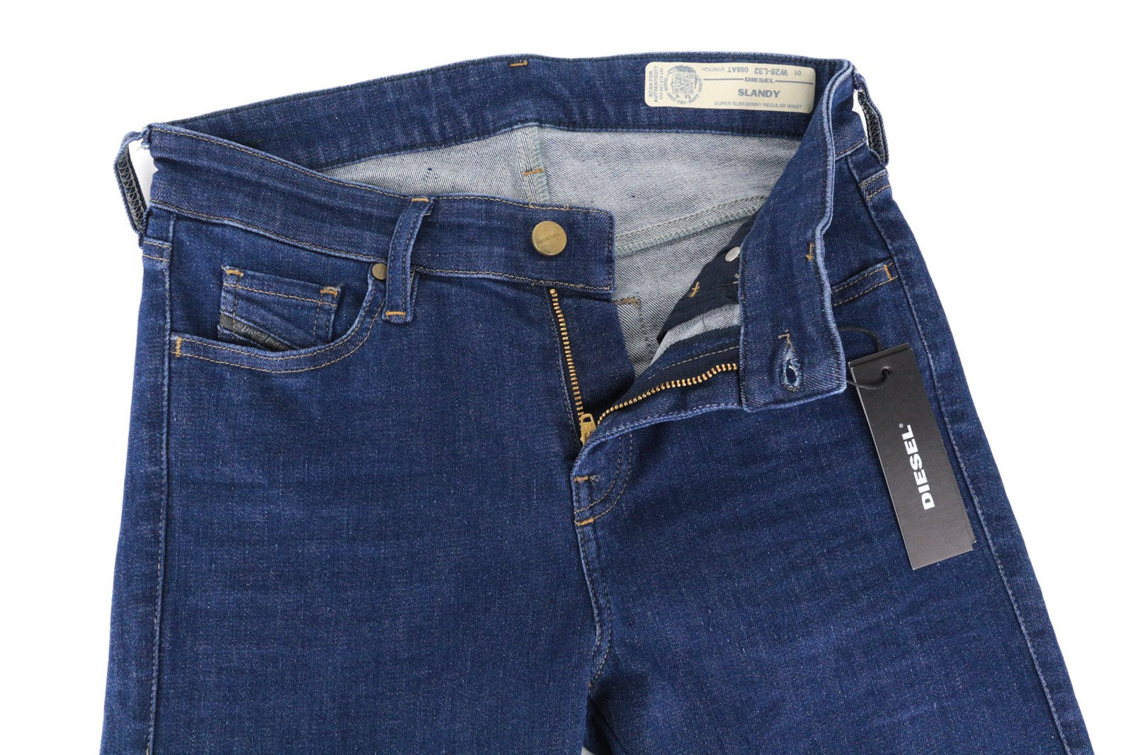 DIESEL Slandy 088AT W28/L32 moteriški itin ploni, tamprūs, mėlyni džinsai su aplikacija. 