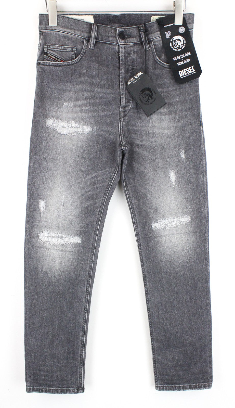 DIESEL D-Eetar 0890F W29/L30 vyriški džinsai, išblukintos pilkos spalvos, tamprūs, siaurėjantys, dėvėjimosi liemens. 