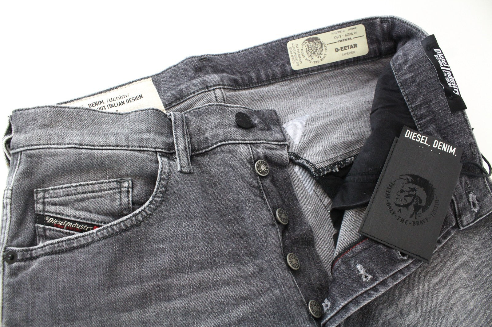 DIESEL D-Eetar 0890F W29/L30 vyriški džinsai siaurėjančio kirpimo, su nudėvėta blukinta pilka, tampri medžiaga 