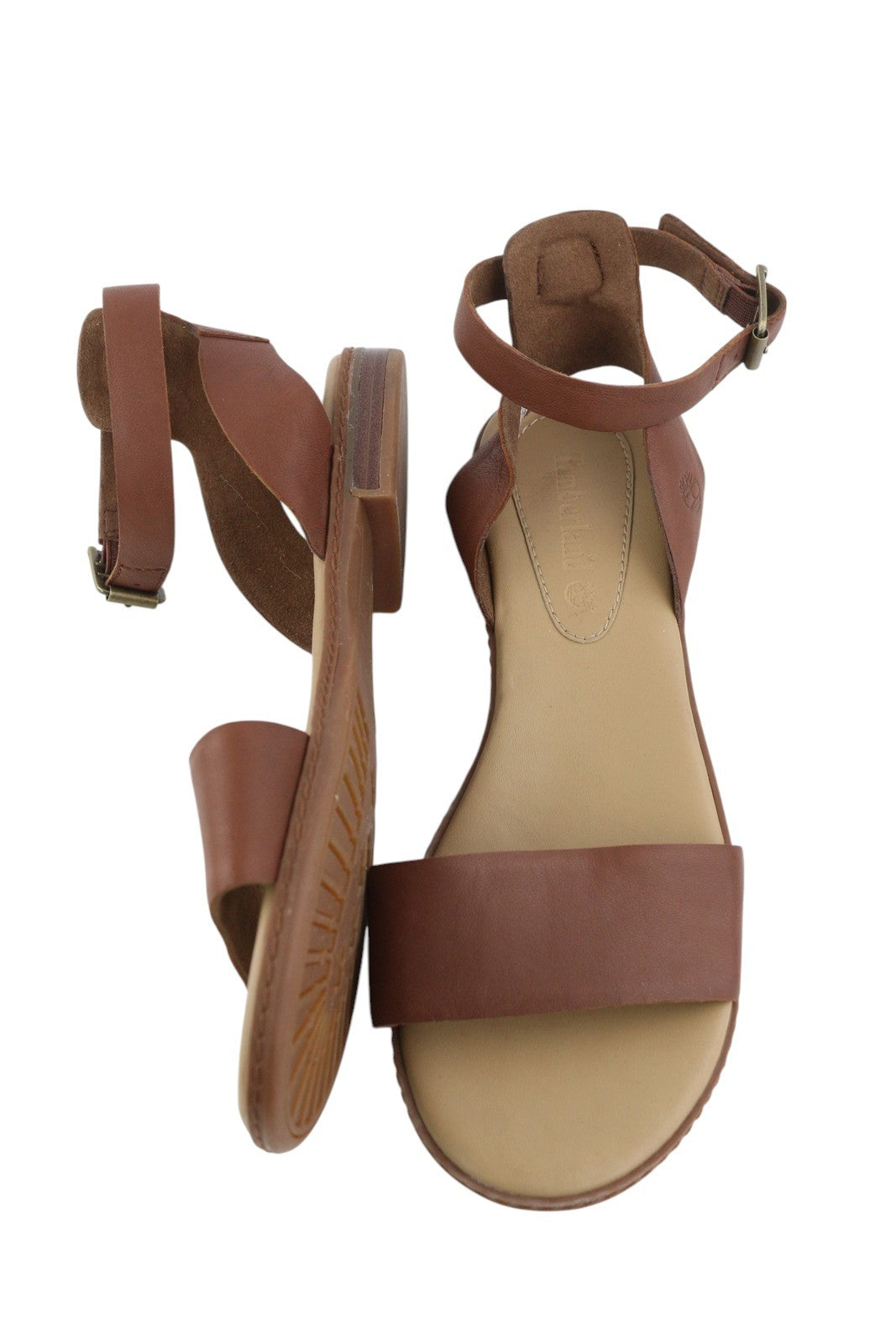 TIMBERLAND A1PCY Women Sandals EU38/38.5 Brown Leather Open Toe Flats Buckle