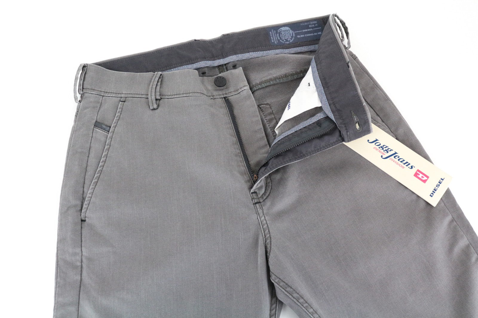 DIESEL Slim-Chino-M-NE 0685E W28 vyriški džinsai su sportinėmis kelnėmis, pilki, labai tamprūs, su užtrauktuku 