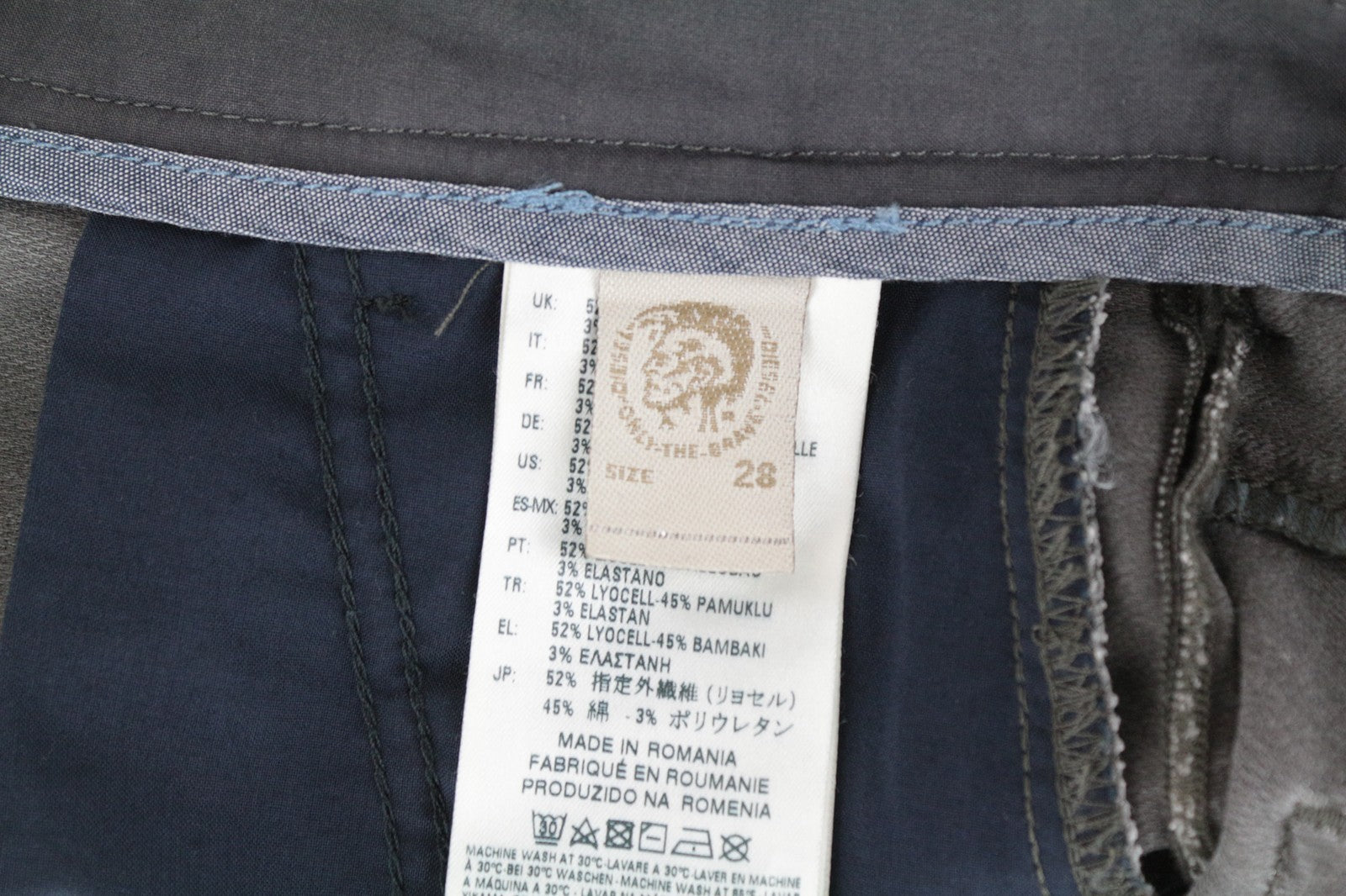 DIESEL Slim-Chino-M-NE 0685E W28 vyriški džinsai su sportinėmis kelnėmis, pilki, labai tamprūs, su užtrauktuku 