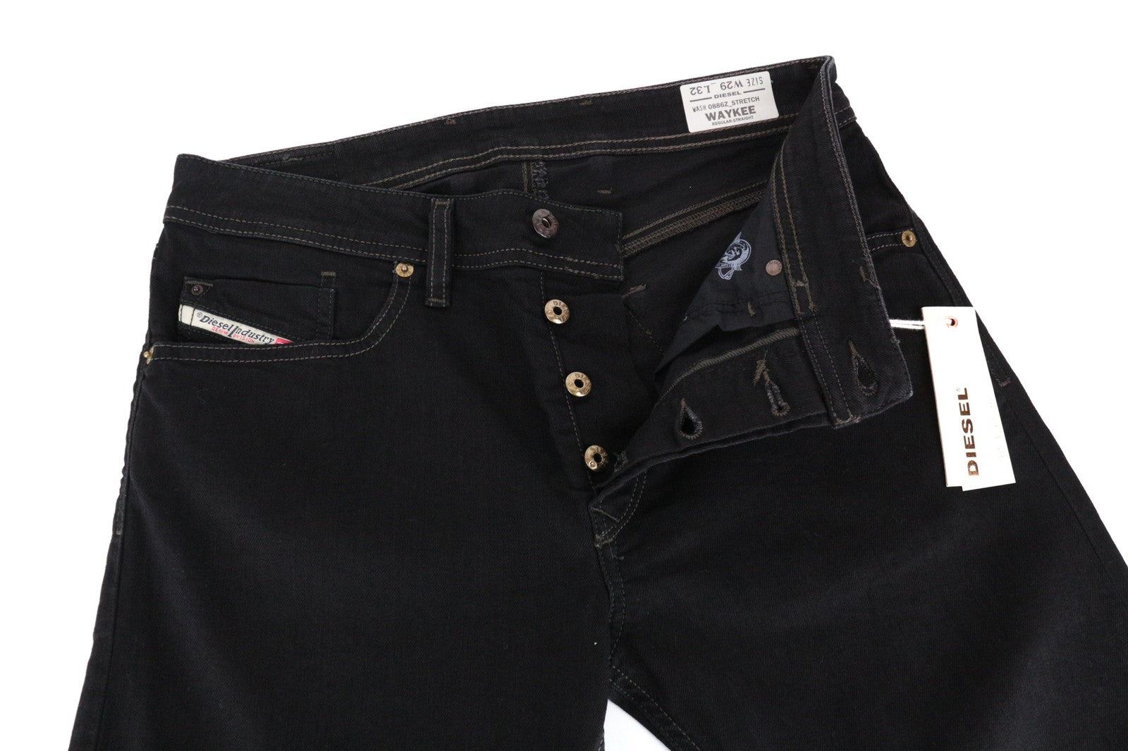 DIESEL Waykee 0886Z W29/L32 vyriški džinsai, tiesaus kirpimo, tamprūs, juodi, vienspalviai.