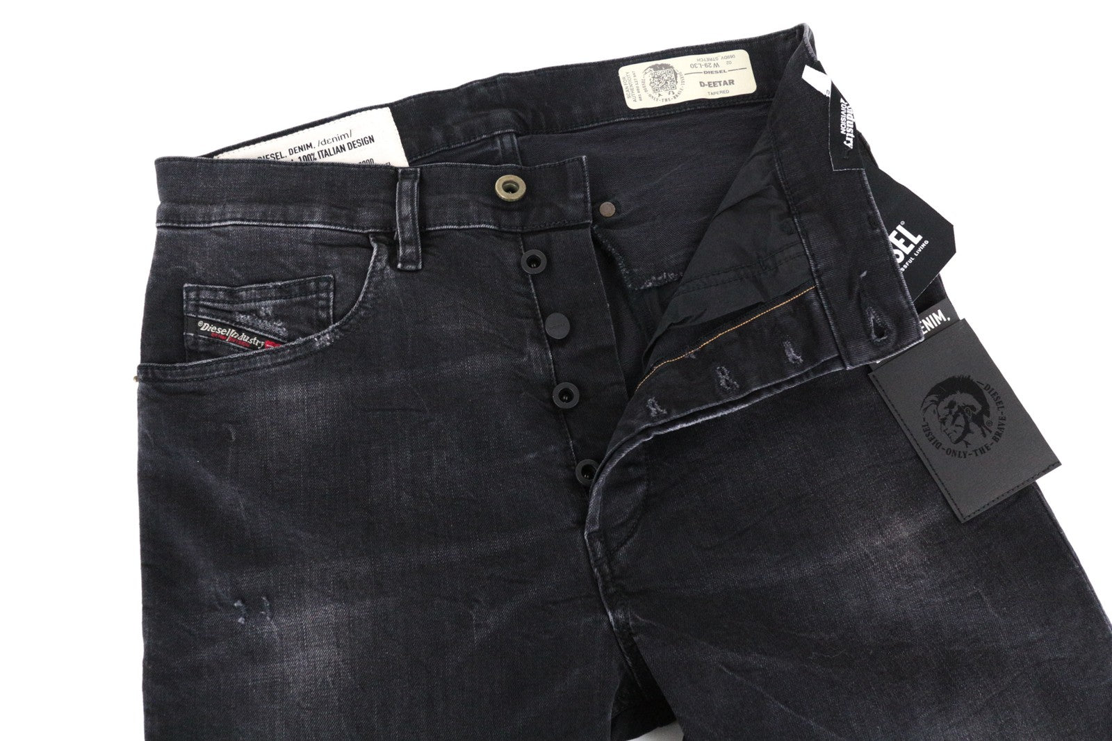 DIESEL D-Eetar 069DV W29/L30 vyriški džinsai su siaurėjančiomis plėšytomis detalėmis, juodi su sagomis.