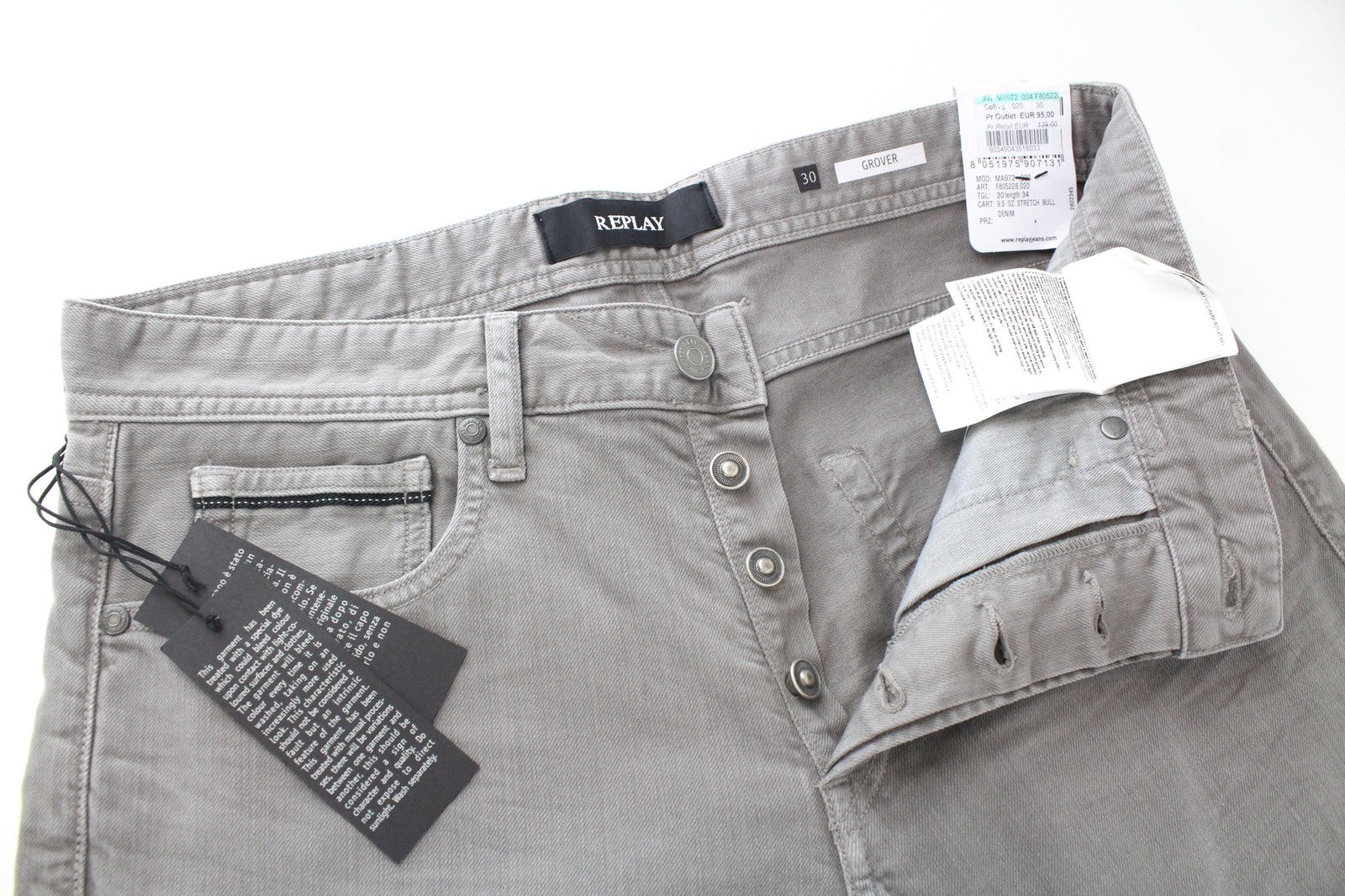 REPLAY Grover vyriški džinsai W30/L34 su sagomis ir tiesiomis kirpimo kelnėmis, pilki, tamprūs 