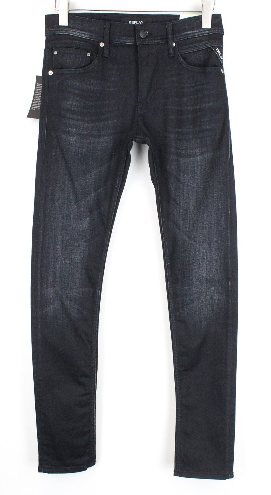REPLAY Jondrill vyriški džinsai W29/L32 aptempti, dengti juodi, mėlyni, tamprūs džinsai 