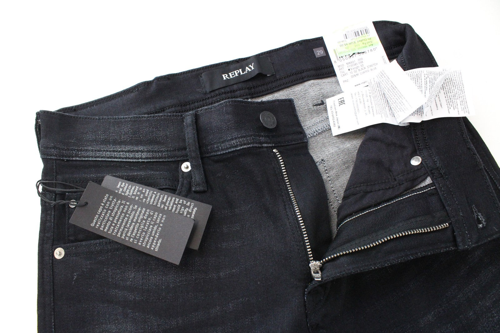 REPLAY Jondrill vyriški džinsai W29/L32 aptempti, dengti juodi, mėlyni, tamprūs džinsai 