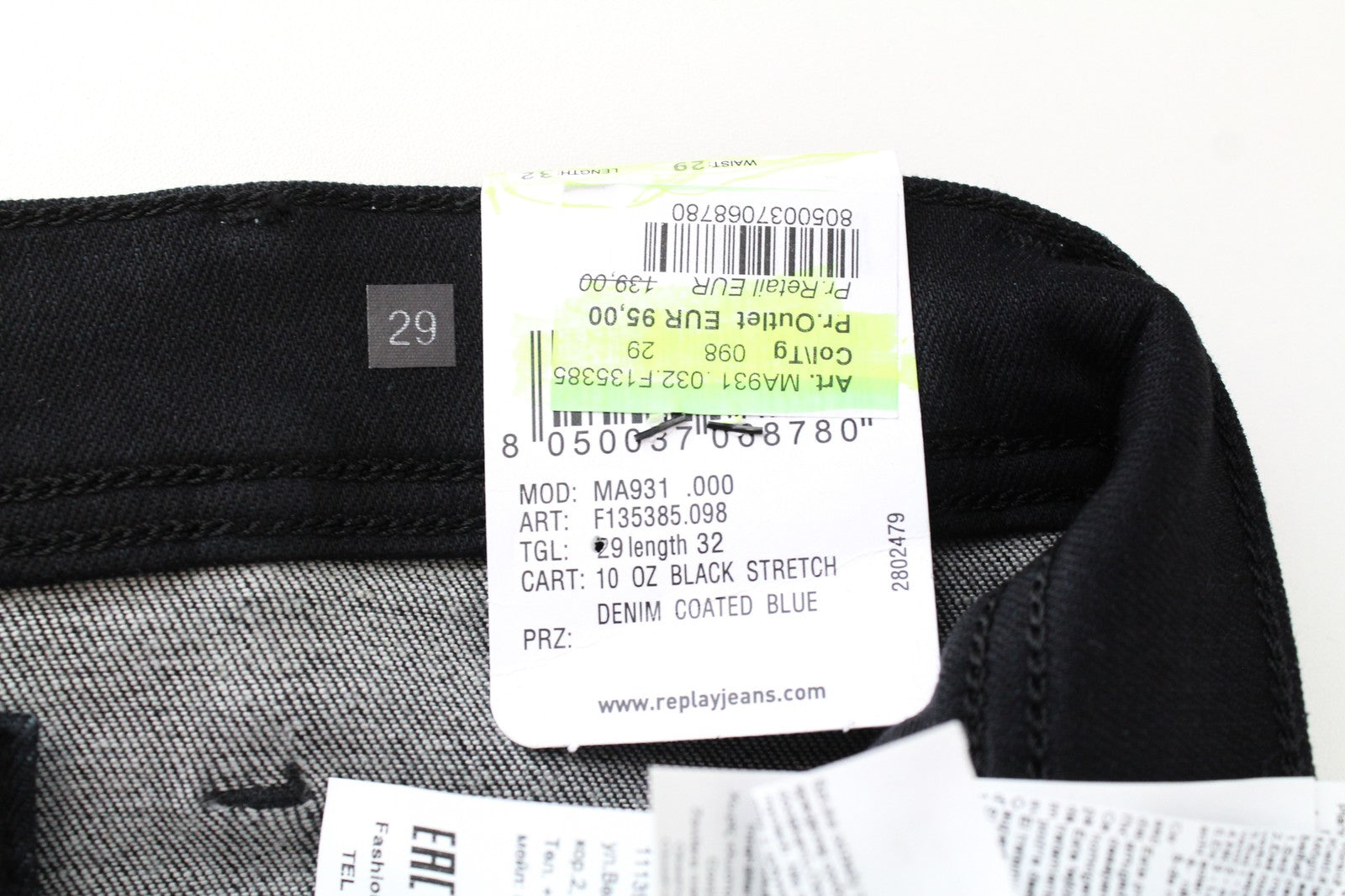 REPLAY Jondrill vyriški džinsai W29/L32 aptempti, dengti juodi, mėlyni, tamprūs džinsai 