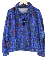 DESIGUAL Chaq Lex Women's Jacket 44 Abstract Print Blue Hidden Hood Short Logo