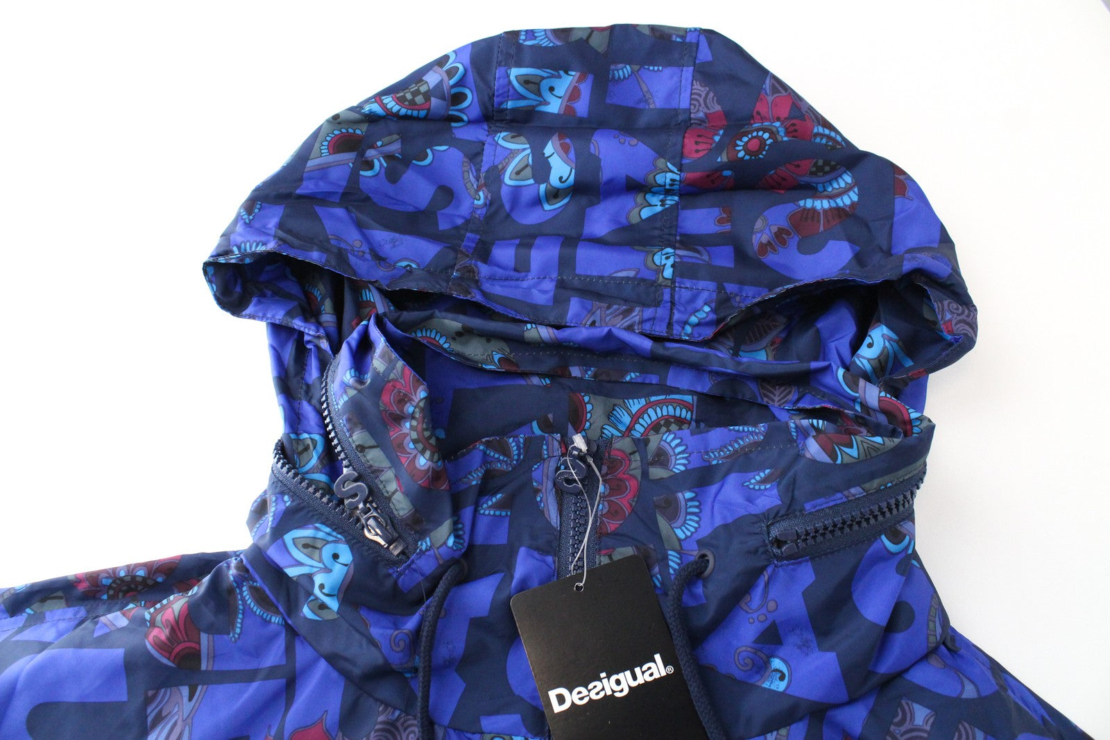 DESIGUAL Chaq Lex Women's Jacket 44 Abstract Print Blue Hidden Hood Short Logo