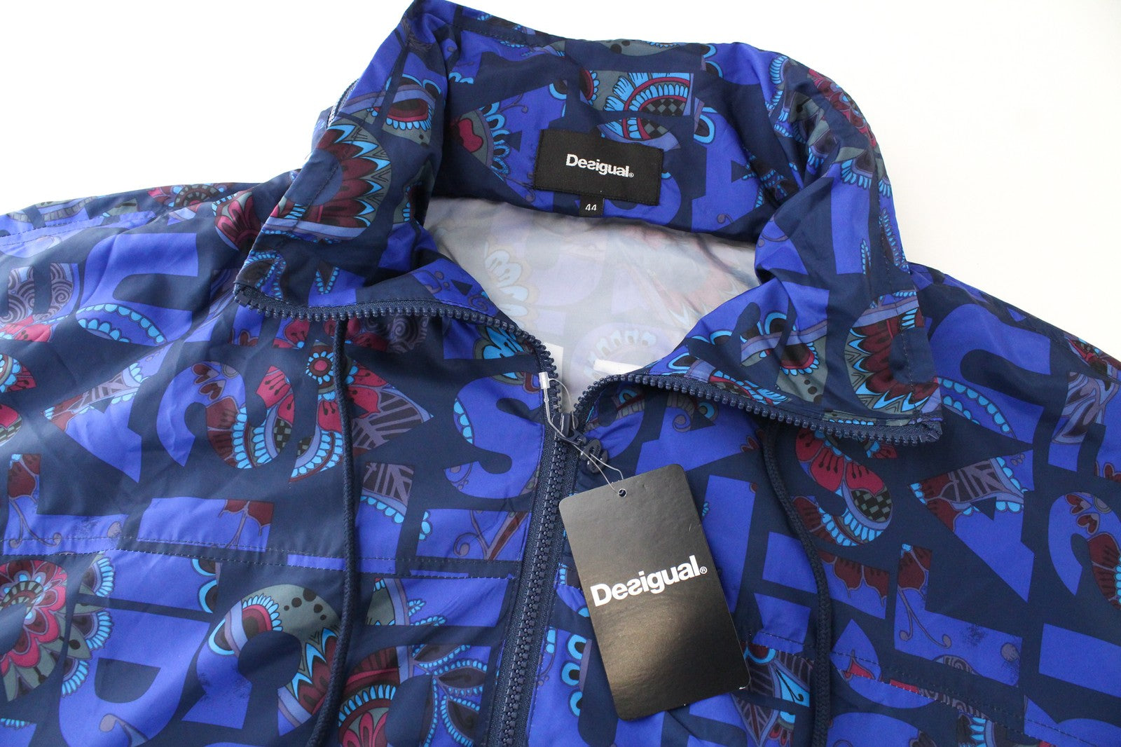 DESIGUAL Chaq Lex Women's Jacket 44 Abstract Print Blue Hidden Hood Short Logo
