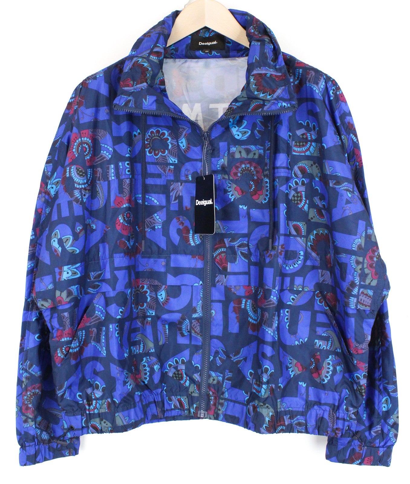 DESIGUAL Chaq Lex Women's Jacket 44 Abstract Pattern Blue Hidden Hood Short Logo