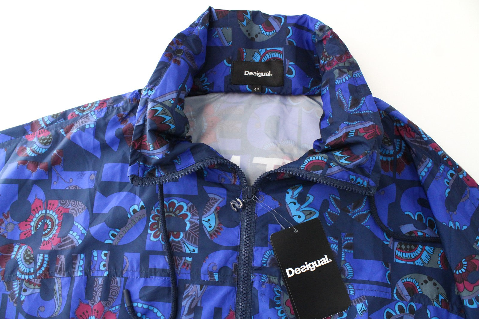DESIGUAL Chaq Lex Women's Jacket 44 Abstract Pattern Blue Hidden Hood Short Logo