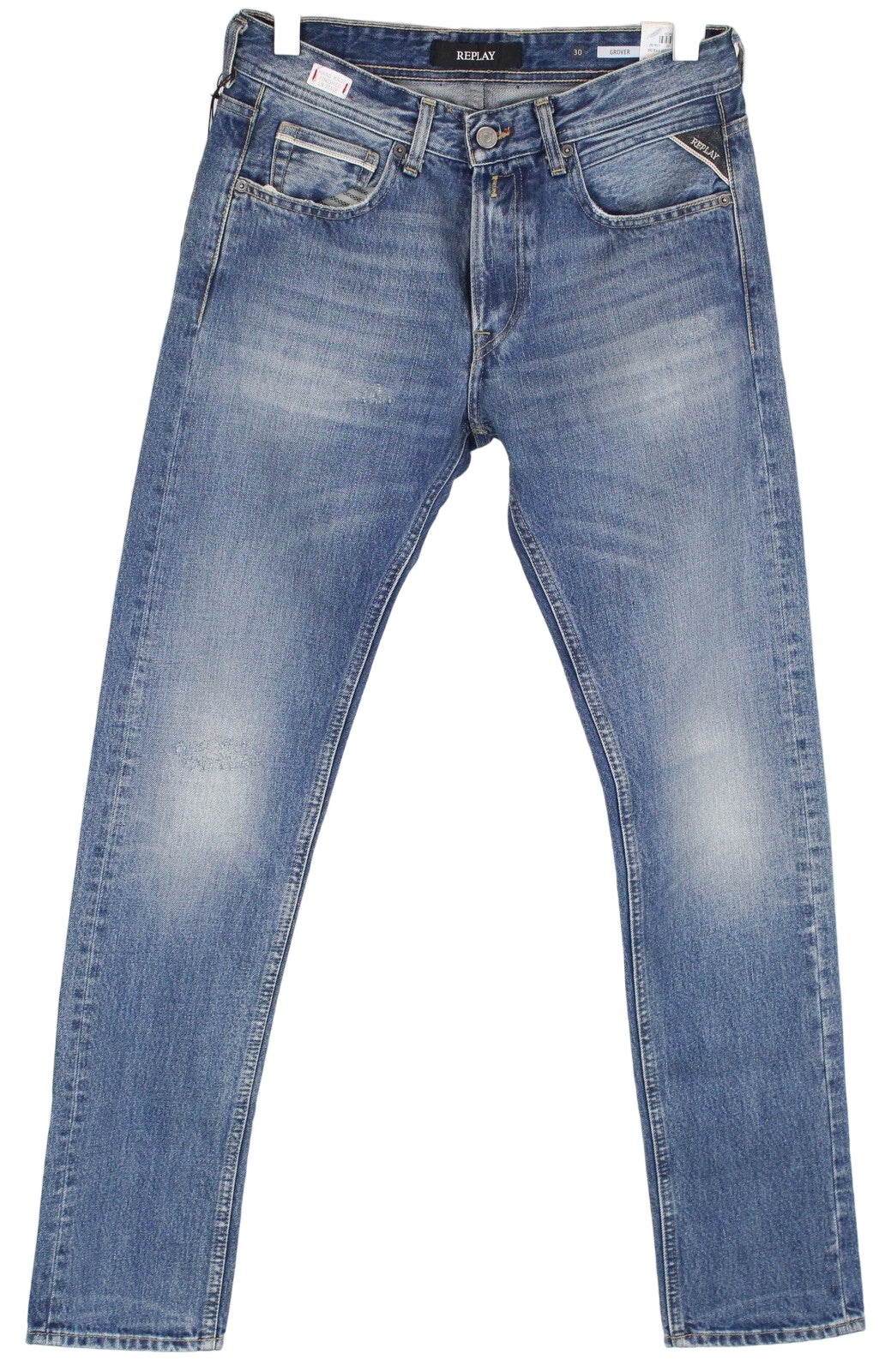 REPLAY Grover vyriški džinsai W30/L34 mėlyni tiesūs, skalbti, su sagomis 