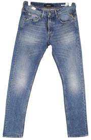 REPLAY Grover vyriški džinsai W30/L34 mėlyni tiesūs, skalbti, su sagomis 