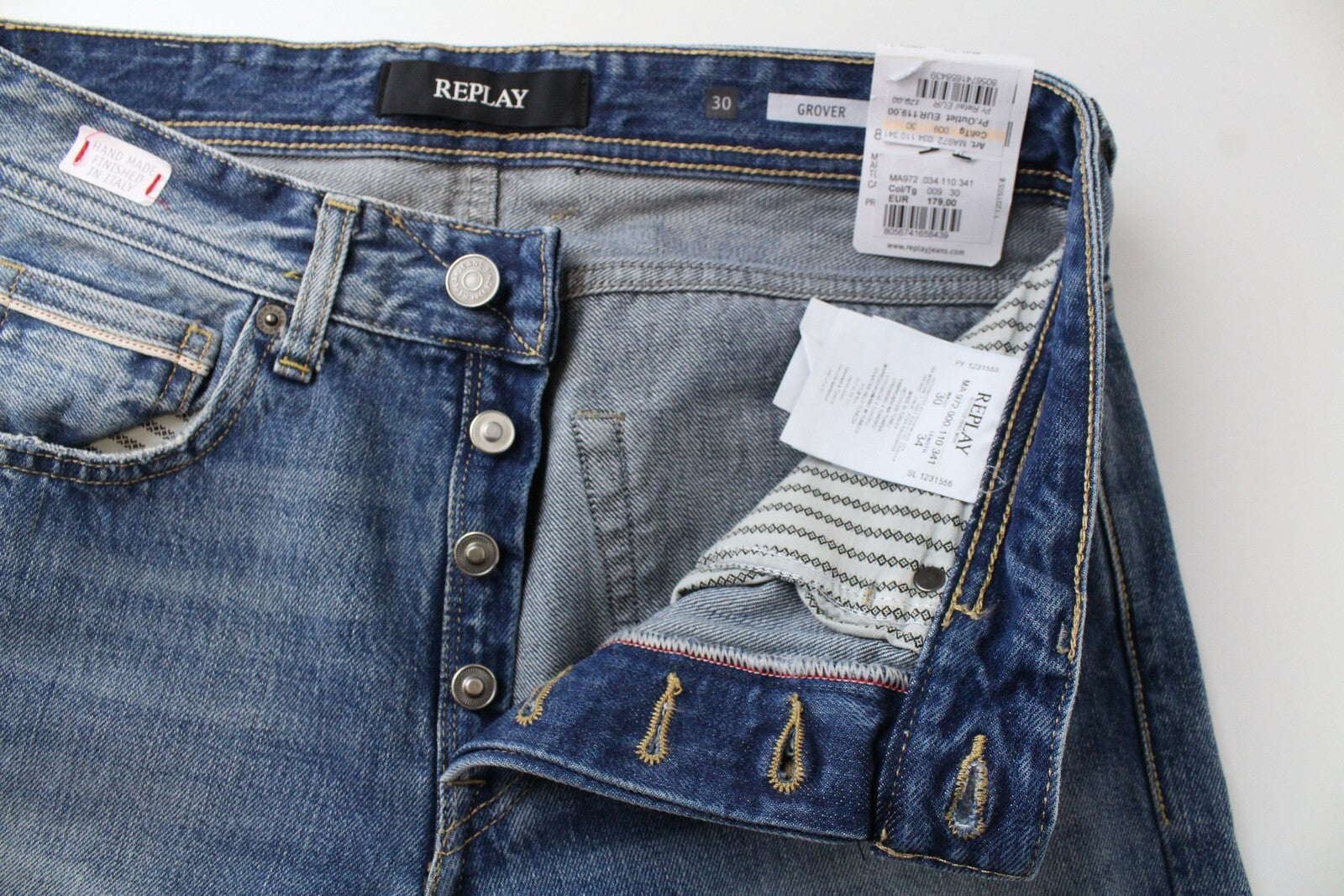 REPLAY Grover vyriški džinsai W30/L34 mėlyni tiesūs, skalbti, su sagomis 