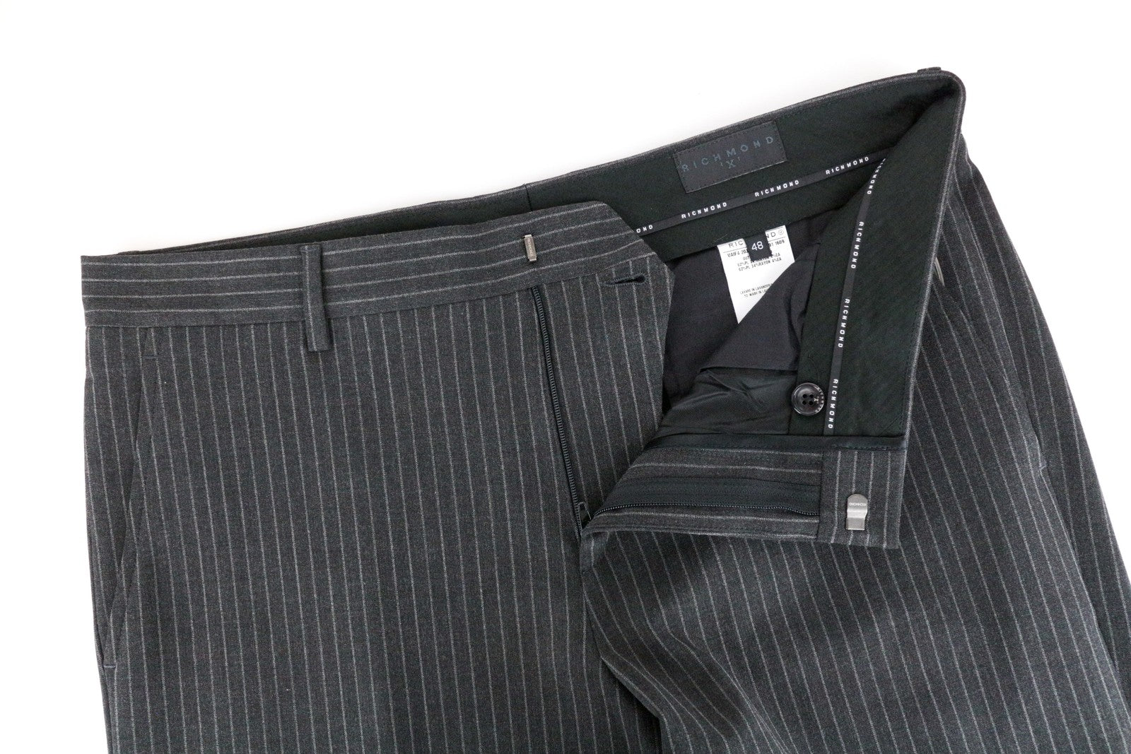 RICHMOND X Men's Trousers 48 Striped Grey Zip-Fly Chino Styled Classic Pocketed