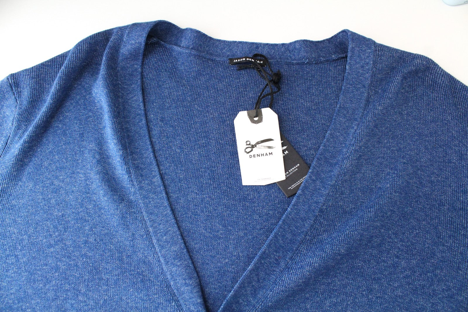 DENHAM Sheffield vyriškas džemperis, 2XL dydžio, tvirtai megztas, mėlynas, grynos medvilnės kardiganas 