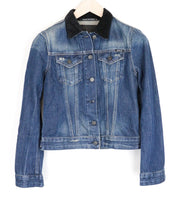 REPLAY Women's Jacket XS Washed Out Denim Short Length Black Collar Distressed