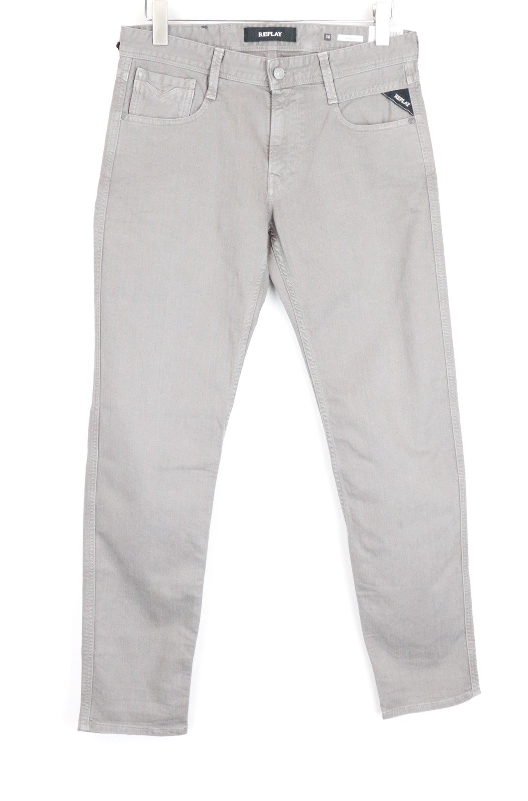 REPLAY Anbass vyriški džinsai W29/L32 su užtrauktuku ir tampriu džinsu, plono kirpimo, šviesiai pilki 