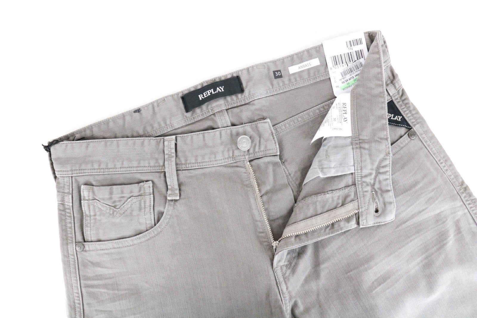 REPLAY Anbass vyriški džinsai W29/L32 su užtrauktuku ir tampriu džinsu, plono kirpimo, šviesiai pilki 