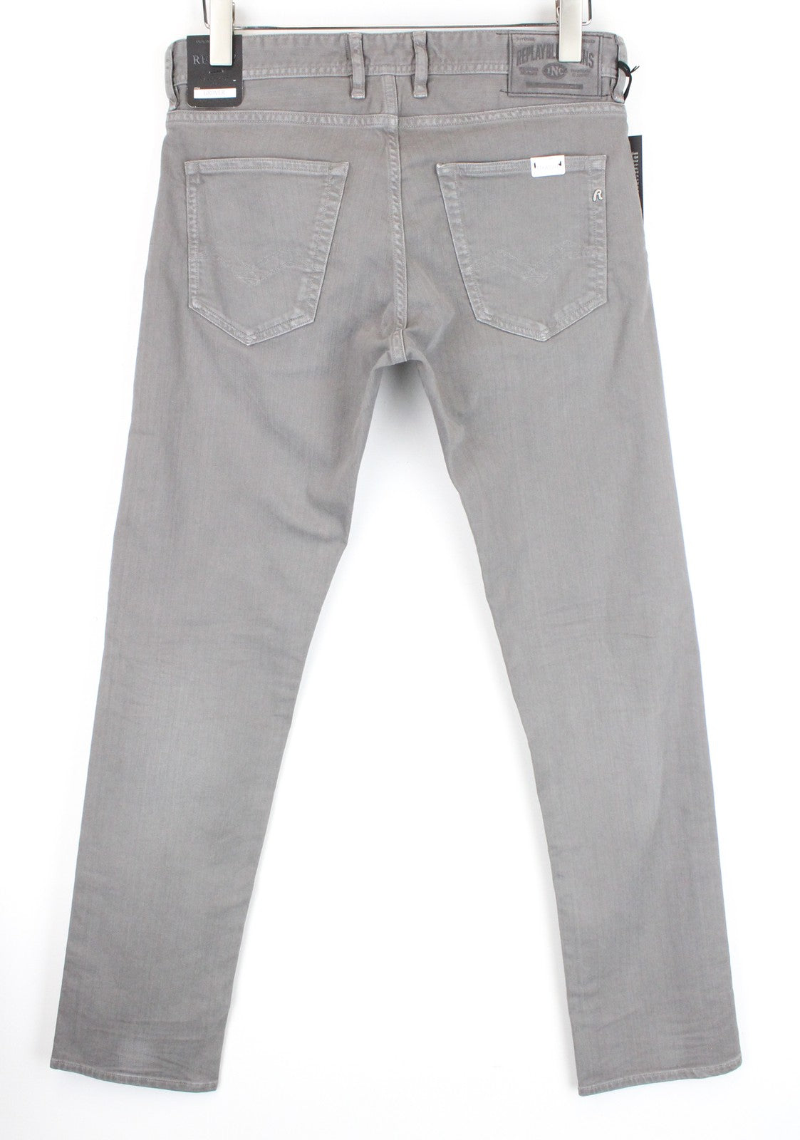 REPLAY Grover vyriški džinsai W30/L32 tiesaus kirpimo pilki tamprūs džinsai su sagomis 