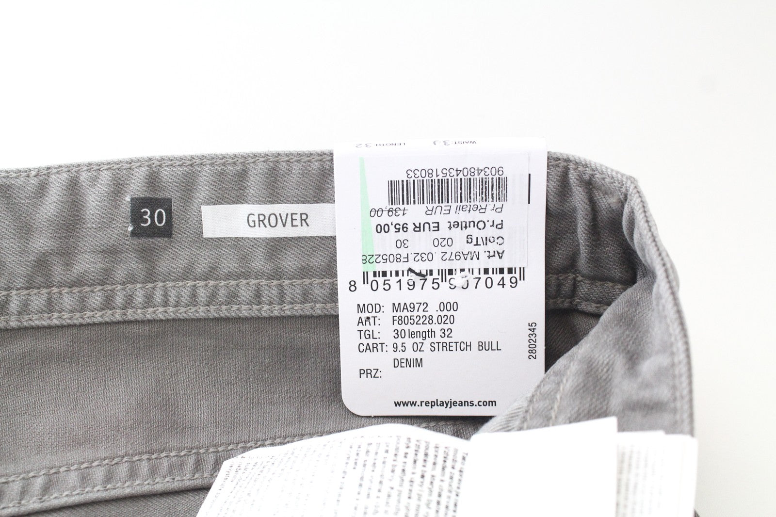 REPLAY Grover vyriški džinsai W30/L32 tiesaus kirpimo pilki tamprūs džinsai su sagomis 