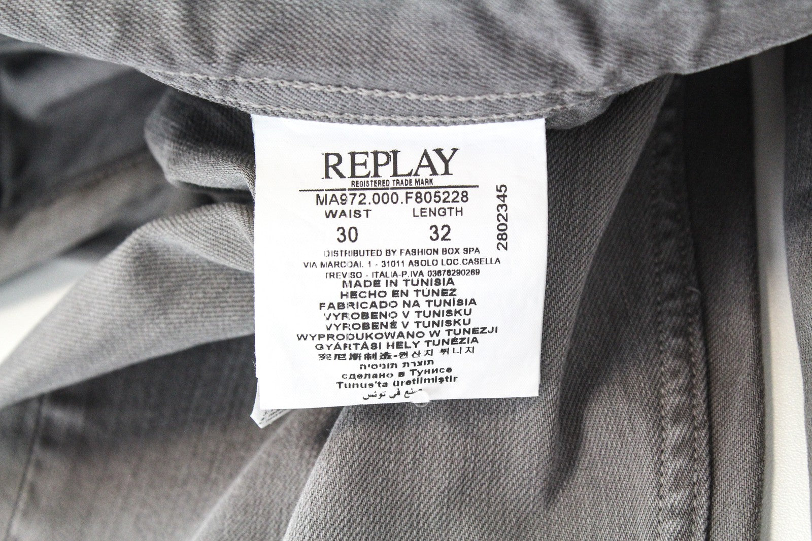 REPLAY Grover vyriški džinsai W30/L32 tiesaus kirpimo pilki tamprūs džinsai su sagomis 