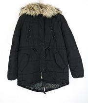 REPLAY Women's Jacket S Faux Fur Hooded Padded Quilted Mid-Length Pocketed Black